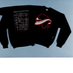 A black sweatshirt with red and white lettering.
