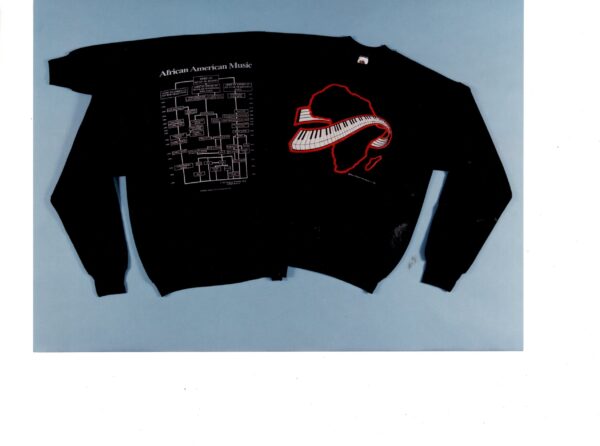 A black sweatshirt with red and white lettering.