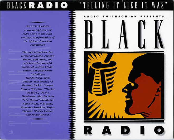 A black radio advertisement with an image of a man 's face.