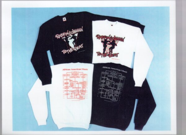 A group of four different colored shirts with the words " rock n roll " on them.