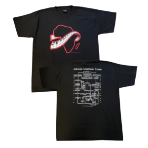 A black t-shirt with a red and white logo.